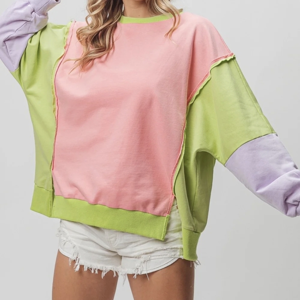 First Love Pink and Green Colorblock Long Sleeve Top